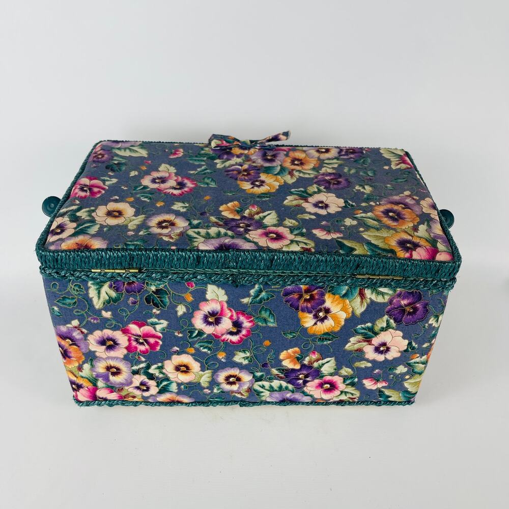 Vintage Style Hobby Sewing Box Blue with Pansy Print Green Trim with Pin Cushion - Picture 6 of 8
